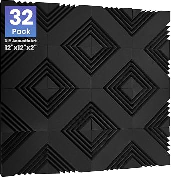 Focusound 32 Pack Black Acoustic Foam Panels 2" x 12" x 12" Sound Proof Foam Panels Soundproofing Noise Cancelling Wedge Panels with 180PCS Reusable Double-Side Adhesive Dots