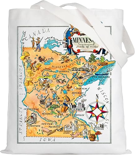 LEVLO Divertido mapa estatal de Minnesota Tote Bag Minnesota Travel Souvenir Gift 1940's Minnesota Cartoon Illustration Shoulder Bag