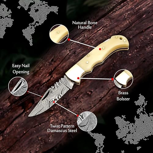 Miniatura 2 de FH KNIVES 6.5 Inch Handmade Damascus Pocket knife for Men Folding Knife with back lock Small Pocket knife for Camping Hiking Damascus folding knife
