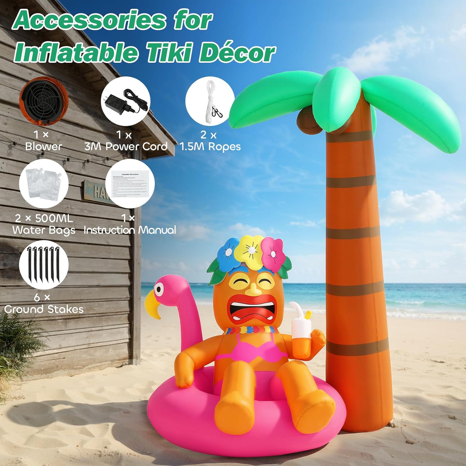 Lewondr 6FT Inflatable Tiki Luau Decor, Flamingo Coconut Palm Luau Party Decorations, Blow up Hawaiian Outdoor Decoration with 7 LED Lights, Summer Outdoor Inflatable for Tropical Pool Beach Yard Lawn