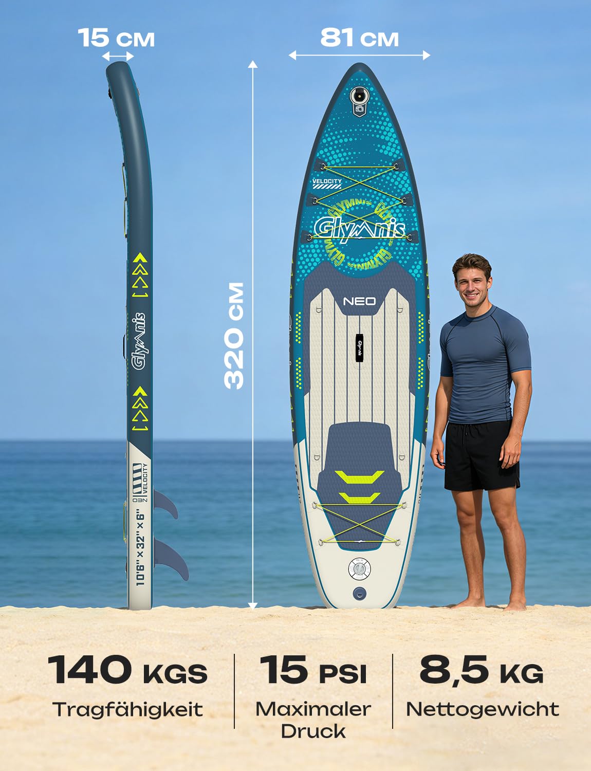 Glymnis SUP Board Stand Up Paddling Board nadmuchiwana deska do paddleboardingu, 10'6", 320 x 81 x 15 cm, grubość 6 cali z aluminiowym wiosłem, pompką powietrza i kompletnym wyposażeniem