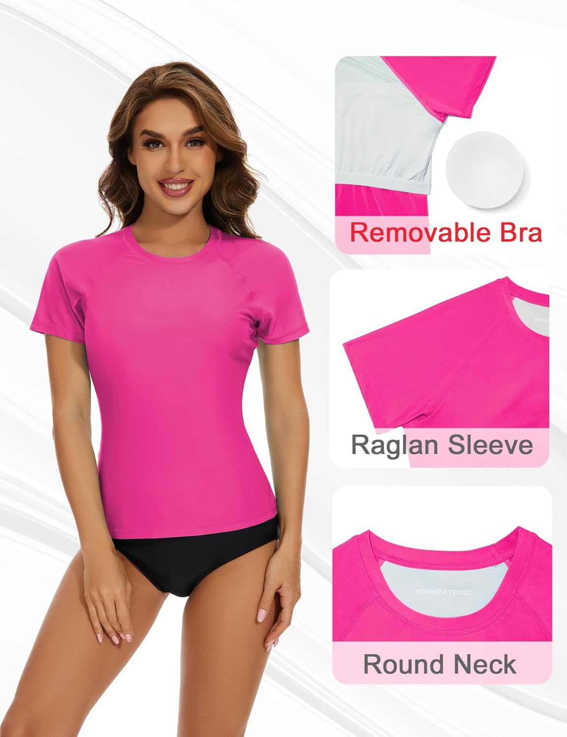 Bonneuitbebe Women's Short Sleeve Rash Guard with Built in Bra Swim Shirt UPF50+ Quick Dry Bathing Suit - Image 4