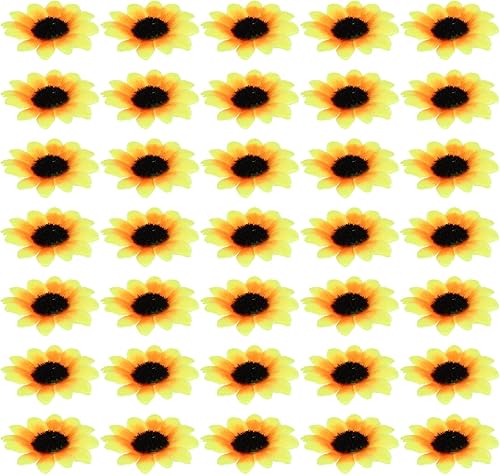 Miniatura 9 de Uonlytech 100 cabezas de girasol artificiales de plástico, cabezas de girasol pequeñas para decoración de pasteles de boda, fiesta en el hogar