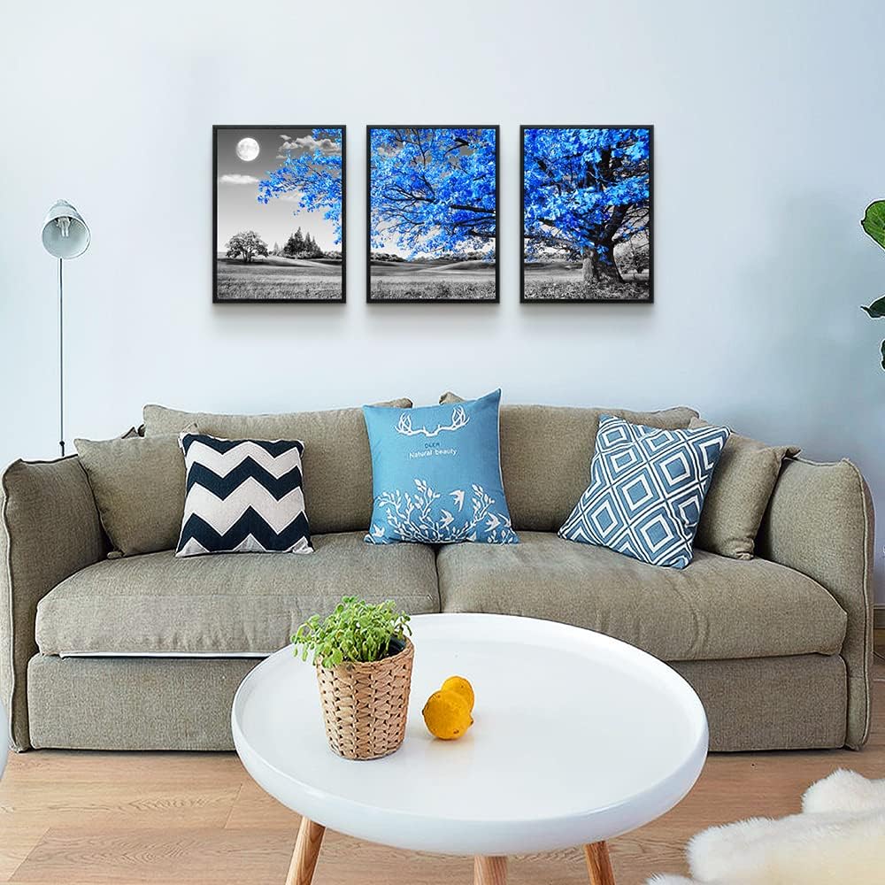 Black Framed Wall Art for Living Room & Bedroom - Blue Tree Wall Paintings, Modern Home Decor - 12"X16" Set of 3 Piece Framed Art Prints