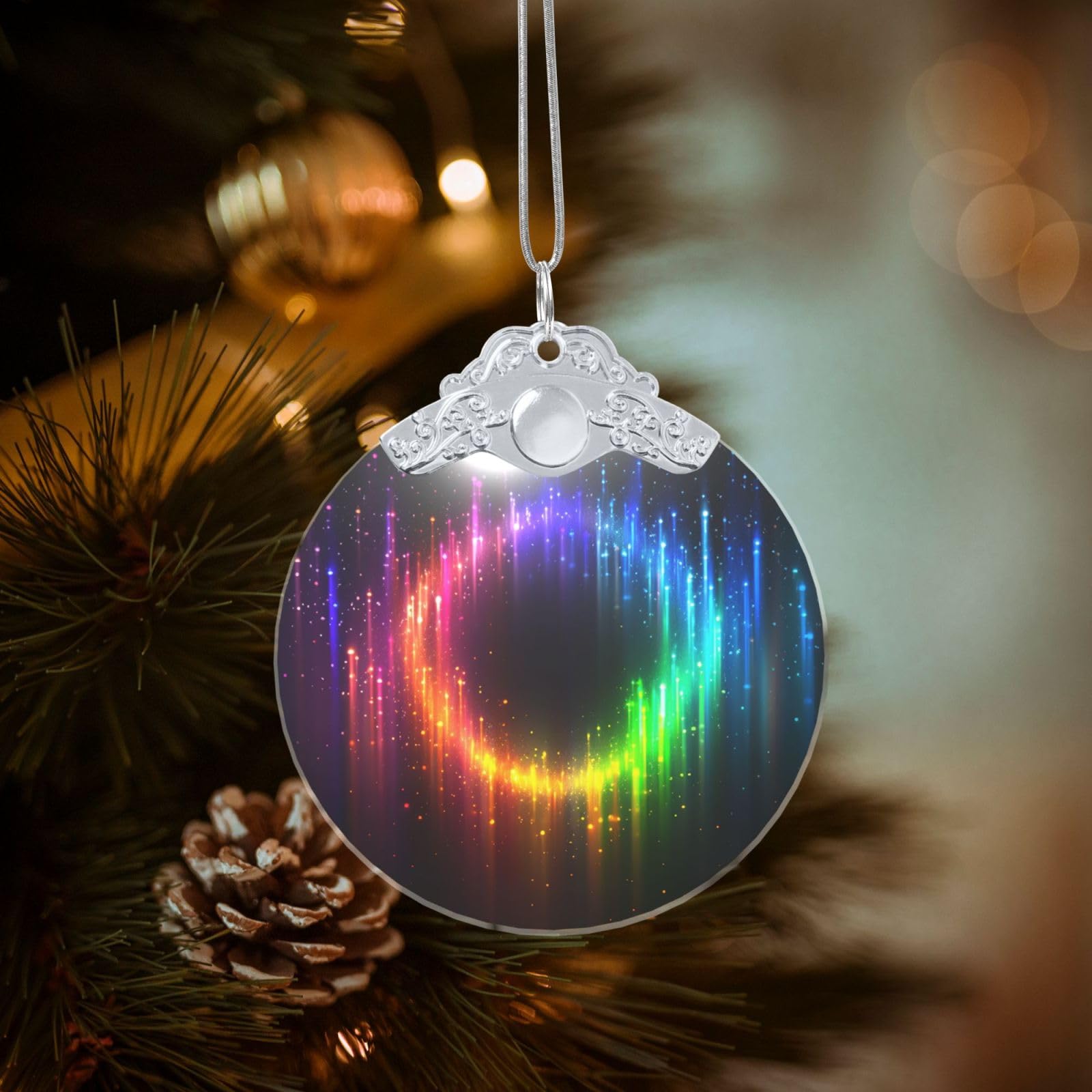Crystal Christmas Ornaments for Christmas Tree Decoration Hanging Rainbow Neon Ornament with Gold Ribbon Crafts Round Pendant for Keepsake Gifts Glass Xmas Decor Party Supplies