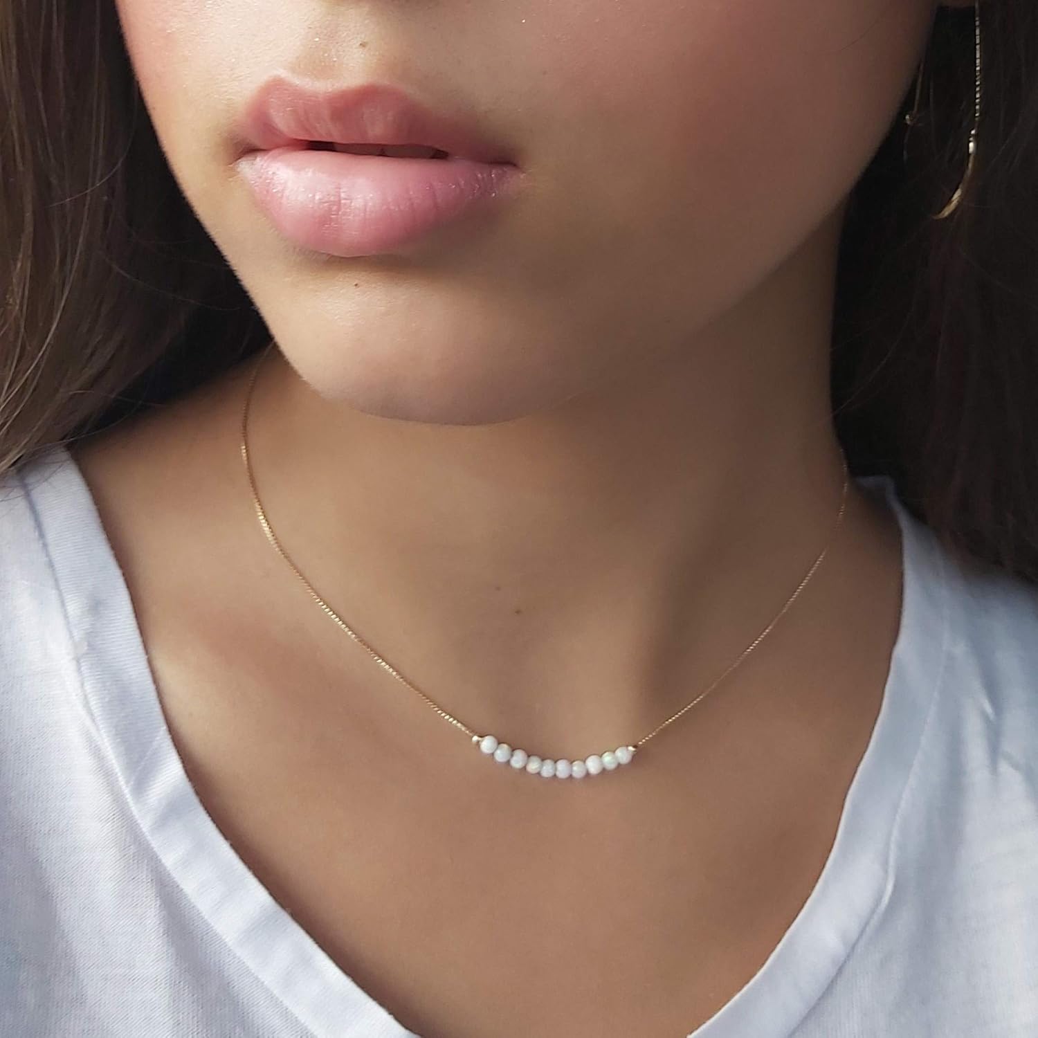 White Opal Beaded Necklace Tiny 3mm Opal Bead Minimalist Jewelry 14k gold filled box chain 16 inch+ extension Gift Women Girl Necklace