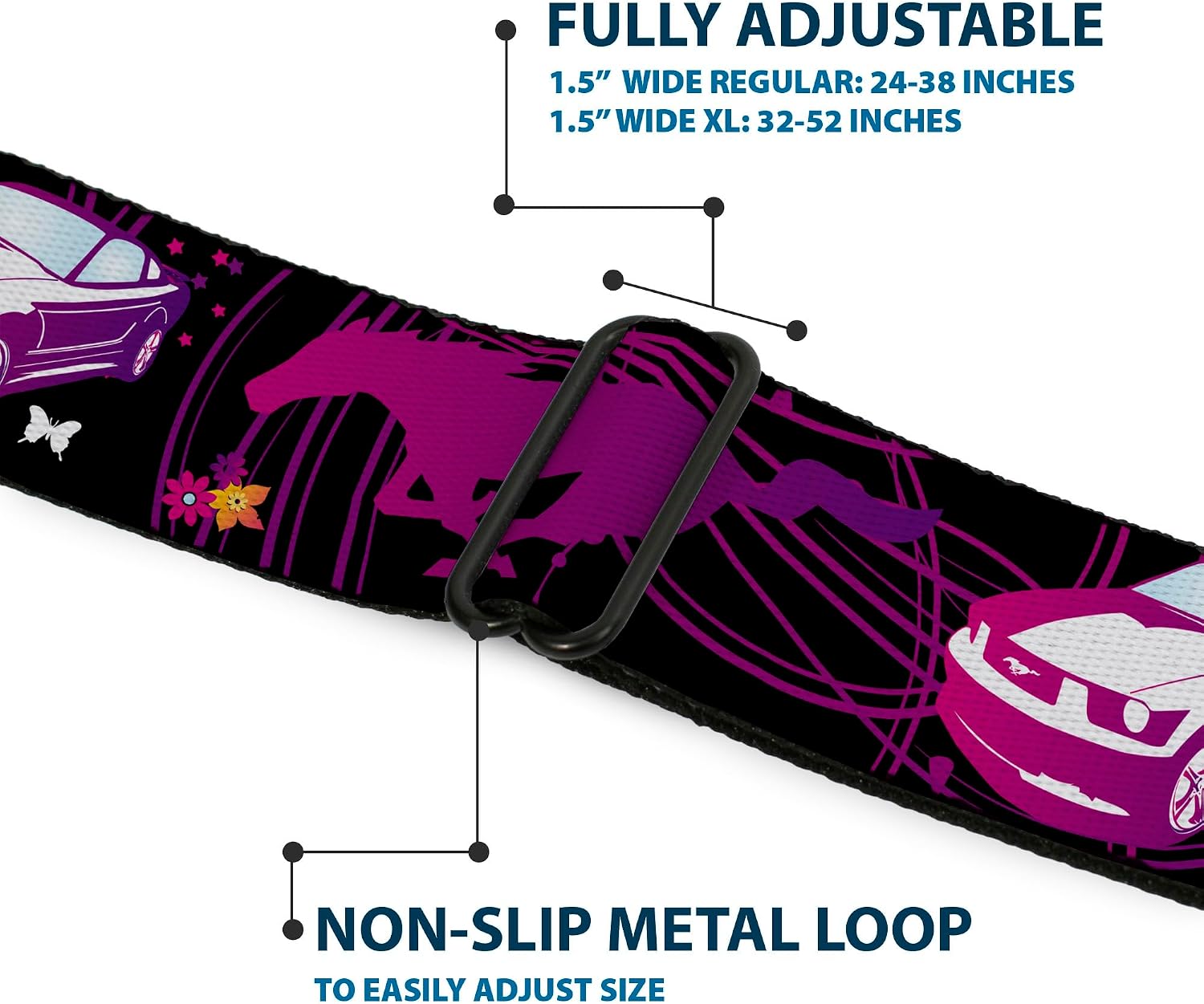 Buckle-Down Seatbelt Belt - Mustang Silhouette/PONY GIRL/Flowers Black/Fuchsias - 1.0" Wide - 20-36 Inches in Length
