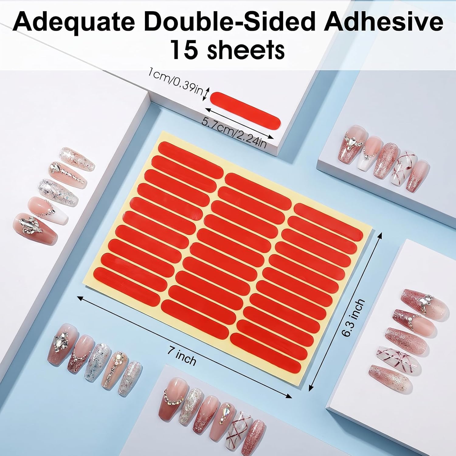 15 Sheets Double Sided Nail Tape Press Ons Nails Tape Nail Art Display Strip Strong Adhesive Transparent Mounting for Packaging Design Salon Supplies Colors Designs Showcase (Red)