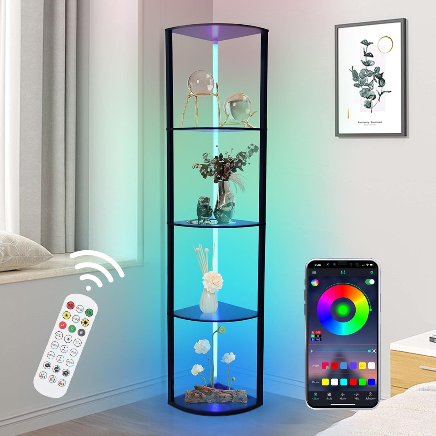 OUTONLIFE Lampadaire Sur Pied Avec Étagère 5 Niveaux - Lumière LED Dimmable Télécommande