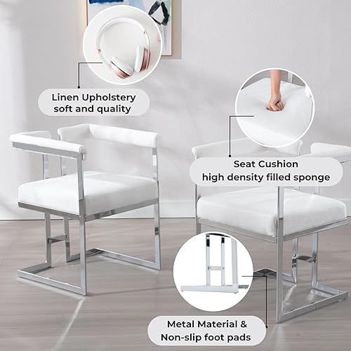Miniatura 6 de DUOMAY Juego de 2 sillas de comedor modernas, con brazo tapizado de lino, silla de recepción de salón con acabado cromado, elegantes sillas