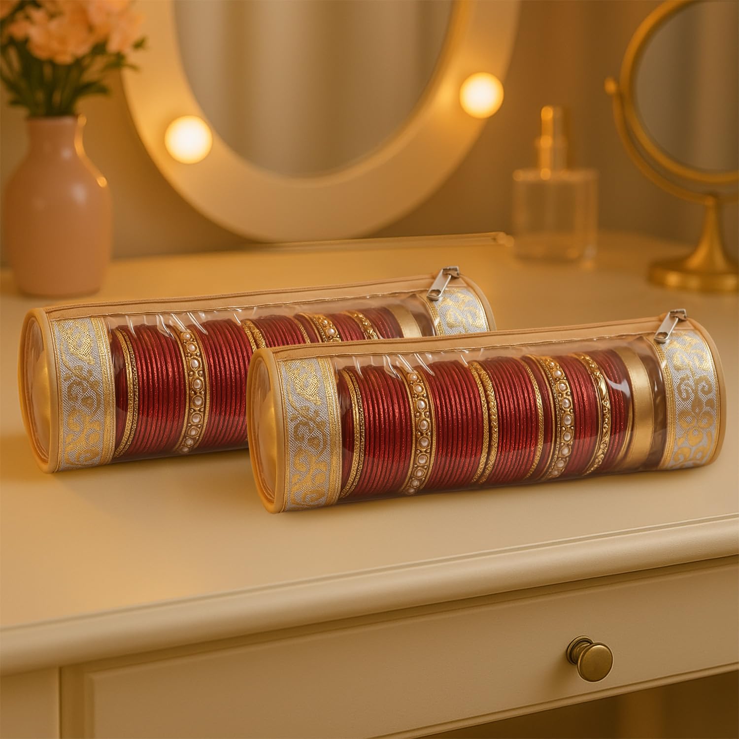 HomeStrap Single Rod Travel Bangle Pouch- Set of 2(Golden)