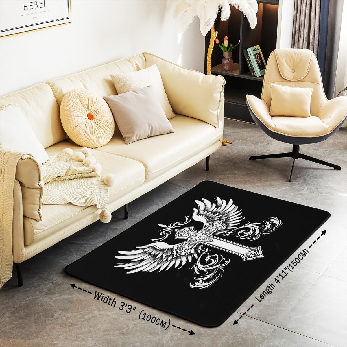 Erosebridal Cross Area Rug 4'11" x 3'3" Wings Living Room Rugs for Adults Paisley Baroque Victorian Vintage White Black Grey Decorative Carpet Machine Wash Dry Indoor Floor Mat