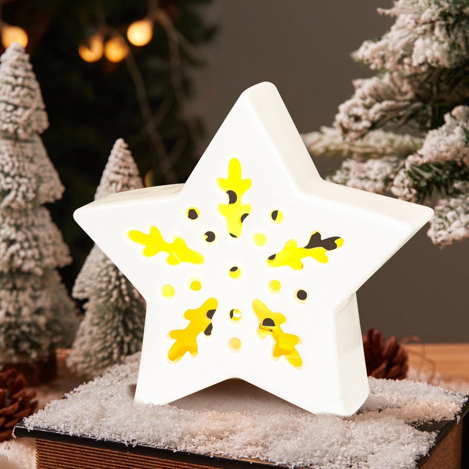 Lergas LED Stern Weihnachtsdeko, Porzellan Weihnachtsstern Beleuchtet, LED Weihnachtsdeko Weiß Stern Stehend, Keramik Stern Weiß mit LED Licht für