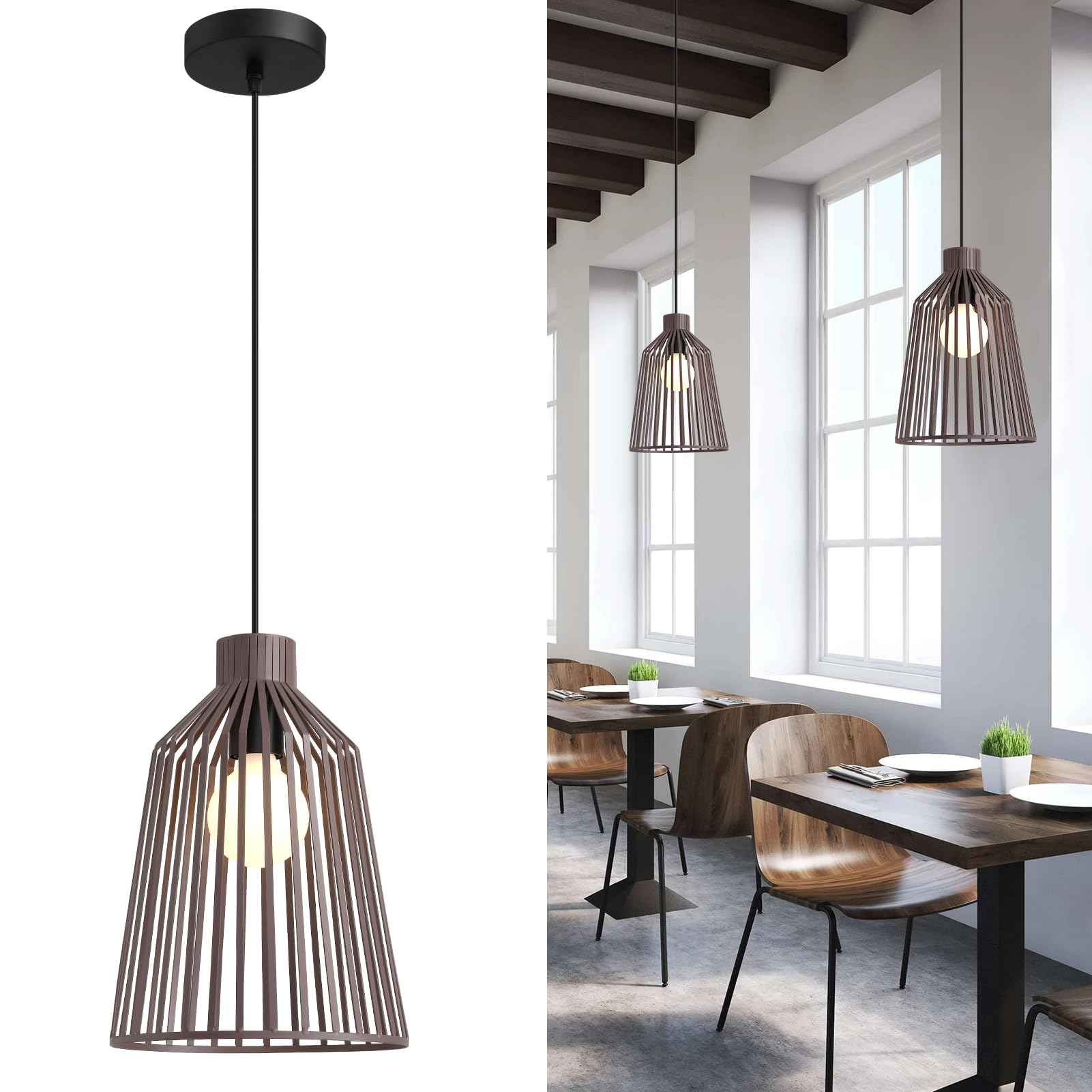 Harper Living Unisex Brown Pendant Ceiling Light, Pendant Light Fitting W/ Cage Shade, Mocha In