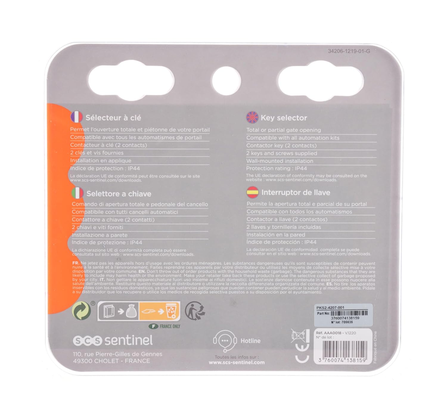 Back of KeyGate Key Selector packaging with multilingual information and product details including UPC 3760074138159