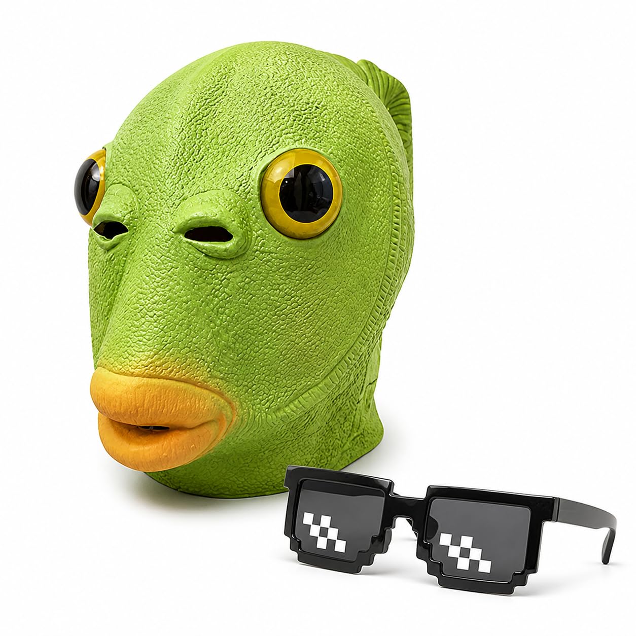 2-Piece Funny Mask Set with Green Fish Latex Head Cover and Mosaic Glasses
