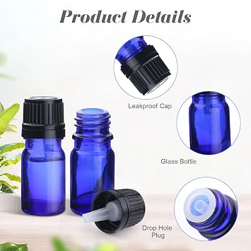 30 Pcs 5ml/0.17oz Cobalt Blue Glass Bottle Refillable Essential Oil Bottles with Orifice Dropper Reducer & Black Cap for Perfume Fragrance Liquid Cosmetic
