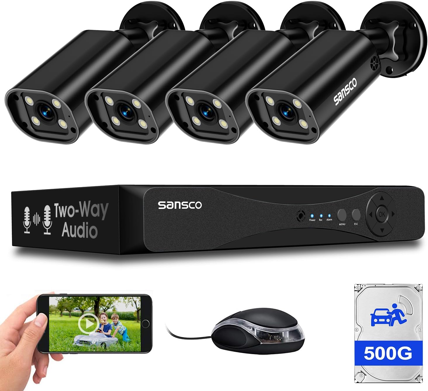 – SANSCO 2-Way Audio/Talk, 3K Color Night Vision, Wired CCTV Camera System Outdoor with 500GB Hard Drive, 4 Channel DVR, 4 x 5MP Home Security Bullet Cam, Face/Human/Vehicle Detection, Remote Access