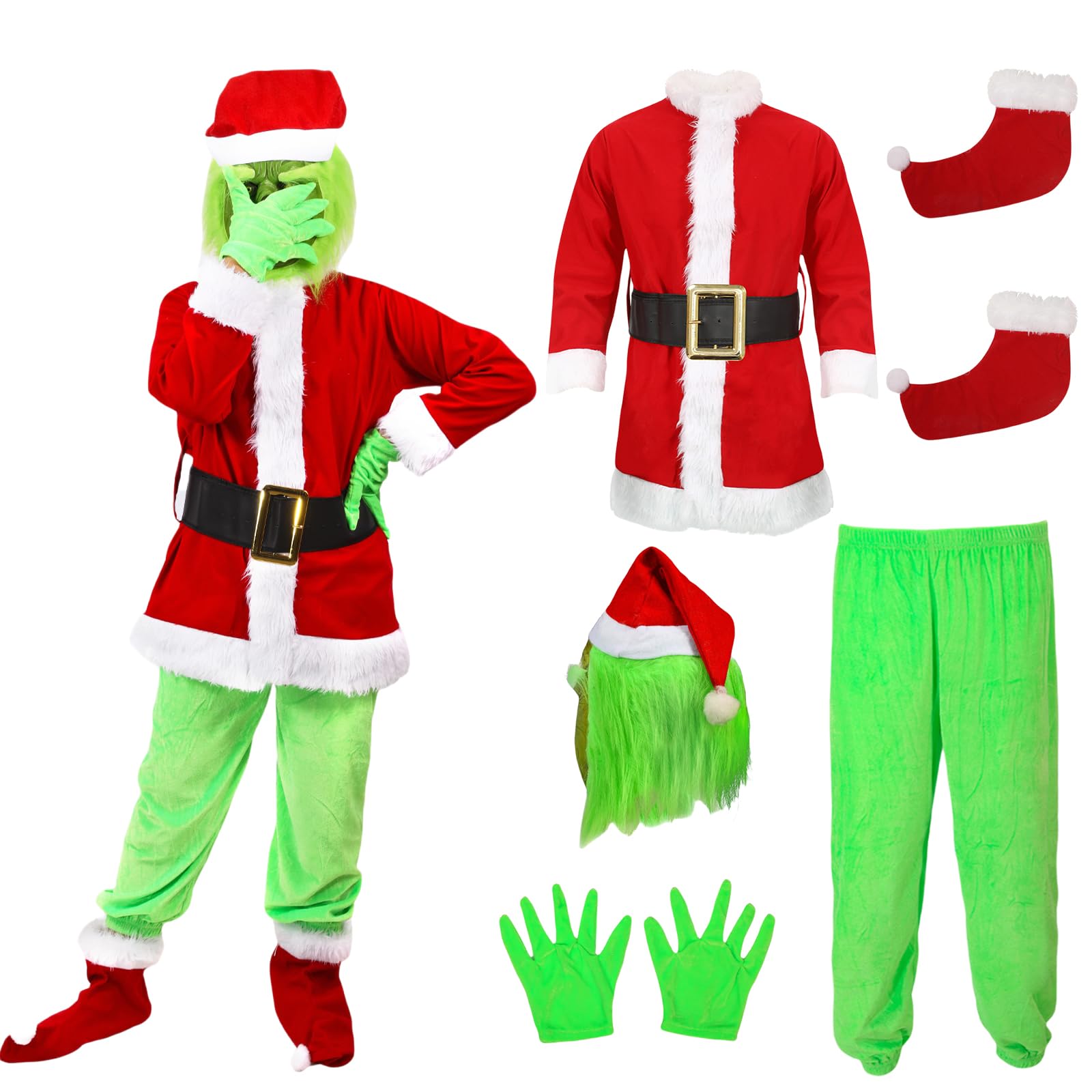 AENEY Green Monster Costume Kids, 6 Pack Santa Claus Suits Christmas Costumes Cosplay Party Carnival Outfits For Boys Girls (M)