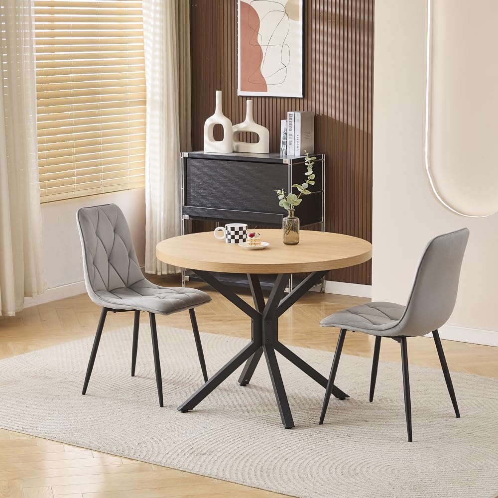 Menaka Round Dining Table and Chairs Set of 4 for Kitchen Diner, 5 Pieces Oak Wood Table with 4 Chairs for Compact Dinette Restaurant (2 argyle grid grey velvet chairs, 95cm Oak Table#2)
