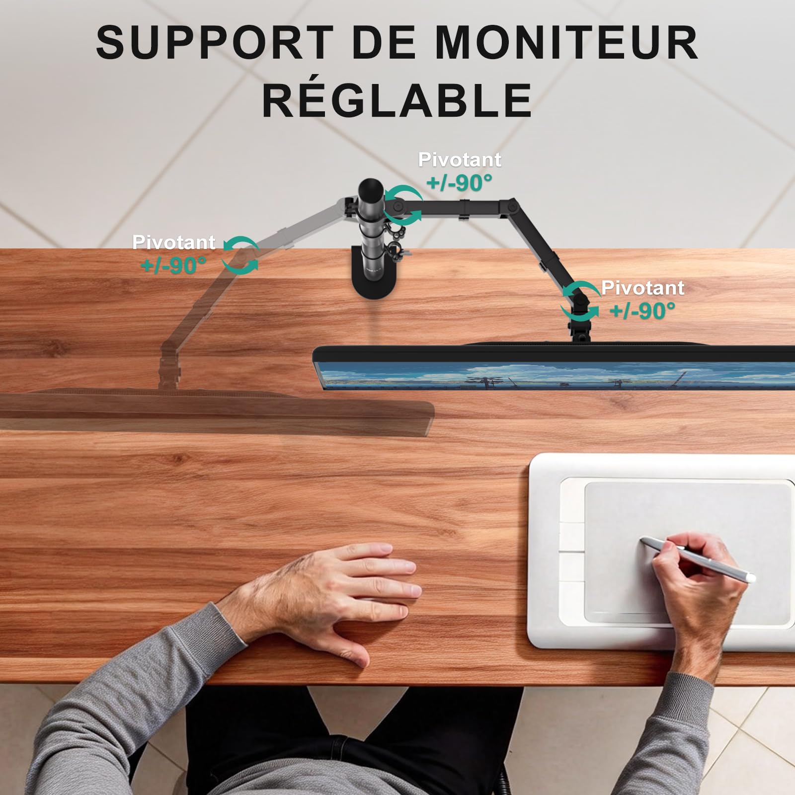 WALI Support Ecran PC Bras Simple pour Moniteurs 32 Pouces, Rotatif Pivotant, 10kg, VESA 75/100 mm