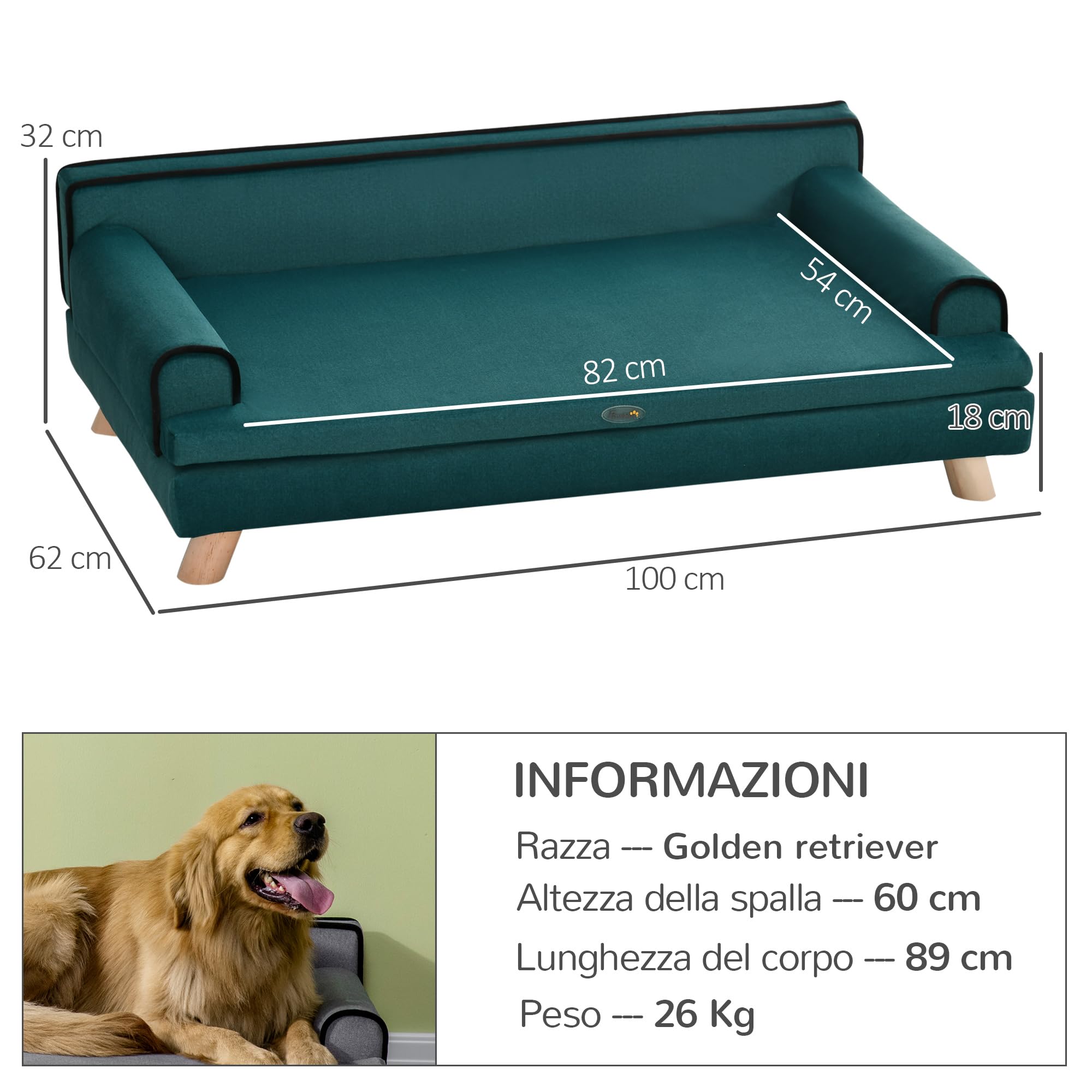 PawHut Divano per Cani Grandi con Imbottitura e Rivestimento Morbido, Cuccia per Cani con Rivestimento Lavabile e Gambe in Legno, Verde Scuro