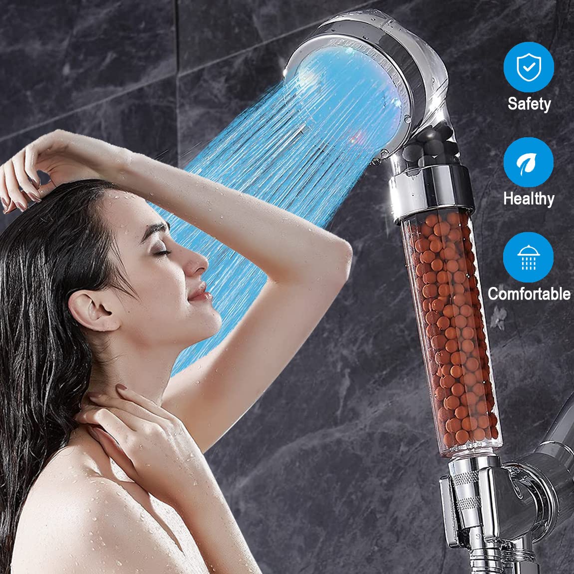 Juego de cabezal de ducha de mano LED con filtración, kit de cabezal de ducha automático de 7 colores, cabezal de ducha de mano de alta presión con manguera y soporte, cabezales de ducha de 4