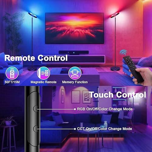 Miniatura 6 de Lámparas de pie RGB inteligentes para sala de estar, 36 W3000 lúmenes, lámpara de pie LED brillante con aplicación y control remoto, lámpara alta