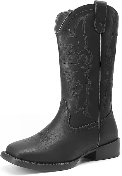 DREAM PAIRS Women's Cowboy Cowgirl Boots Embroidered Square Toe Mid Calf Western Boots Fashion Dress Chunky Low Heel Shoes for Theme Party Country Concert,Size 8,All Black,DWUMMB2516
