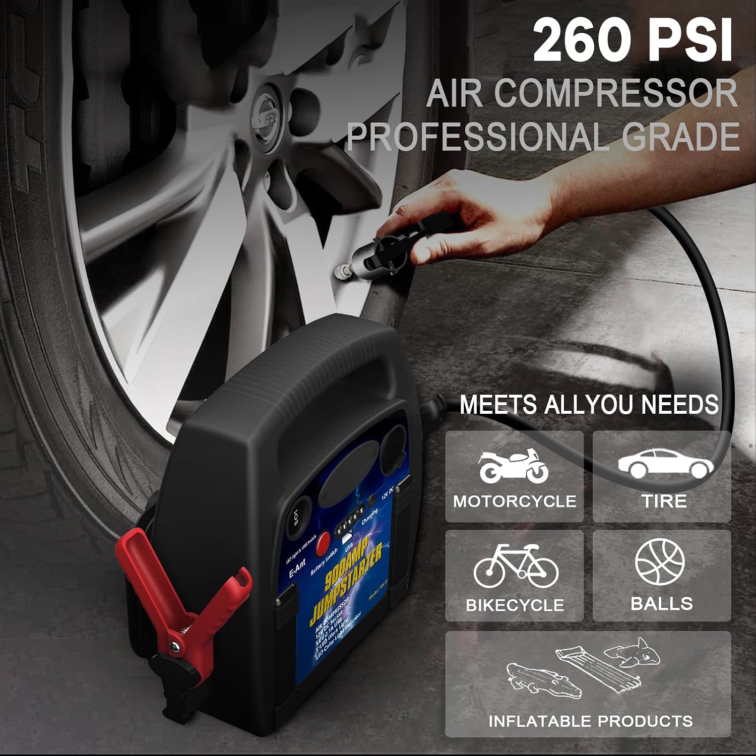 E-Ant Jump Starter's air compressor inflating a car tire.