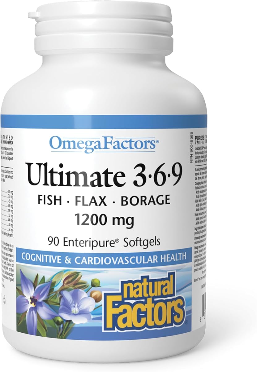 Natural Factors OmegaFactors Ultimate 3-6-9, 1200 mg, 90 Enteripure Sofgels, Full Spectrum Essential Fatty Acids (EFAs), Fish, Flax and Borage, No Fishy Aftertaste, Proudly Canadian