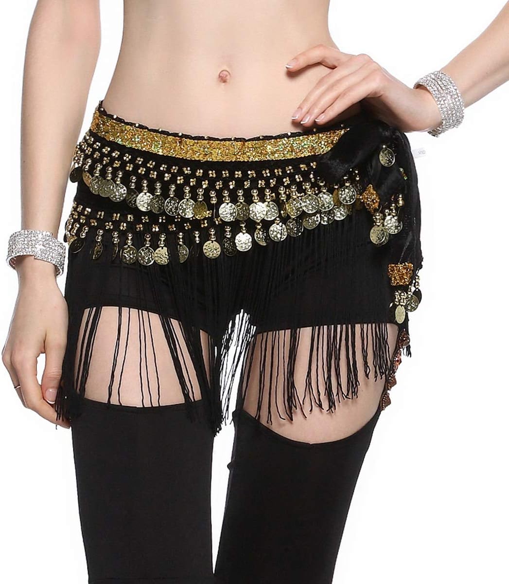 Belly Dance Hip Scarf - Tribal Coins Wave Shape Hip Skirt Belly Dancing Belt Tassel Fringe Shawl Wraps Belts for Women/Girls