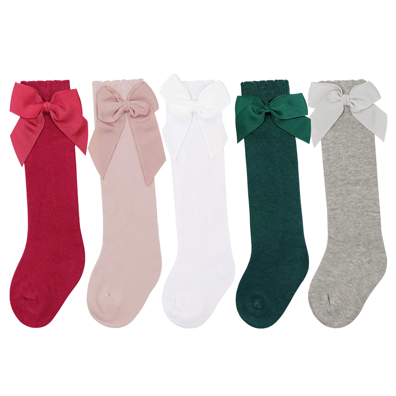 5 Pack Baby Knee High Socks Cable Knit Long Cotton Stockings with Bow Toddler Dress Socks for Baby Infant Boys Girls