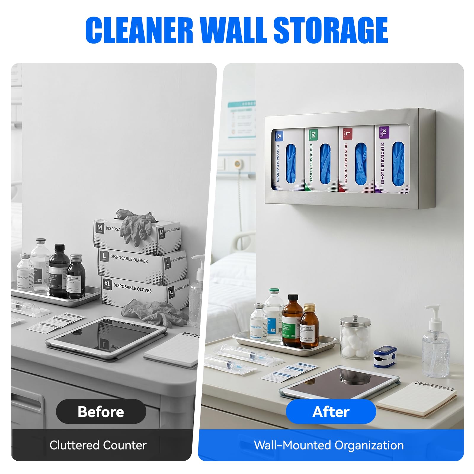 Soporte dispensador de guantera, organizador de 4 cajas montado en la pared con clips de montaje adhesivos, soporte desechable de acero inoxidable para laboratorio, clínica, cocina y taller, 1