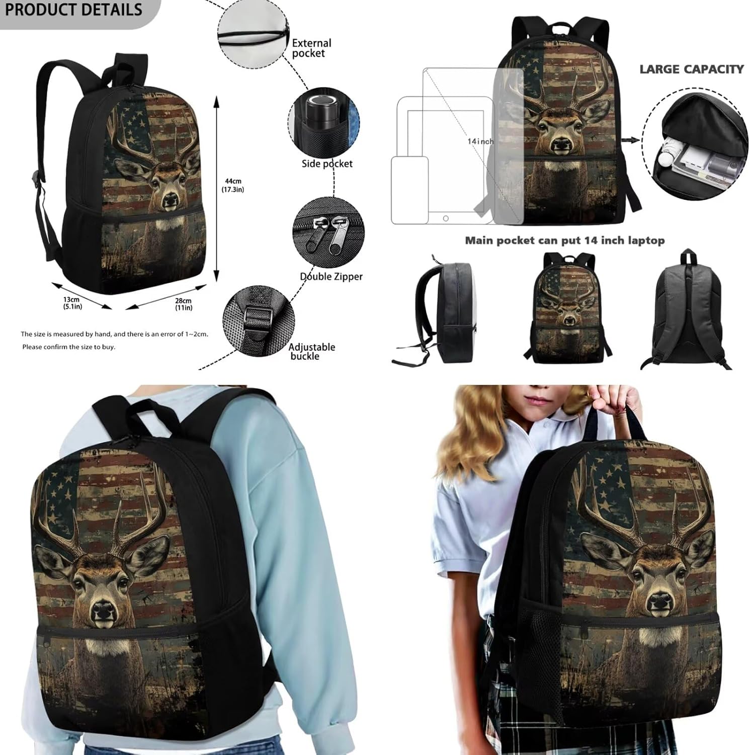 COEQINE 4 In 1 American Flag Deer Backpacks for Boys 6-8 Middle School Preschool School Bag Set for Boys 5Th Grade Travel Bookbag with Matching Lunch Box for Boys 6-8 Large Pencil Box for School