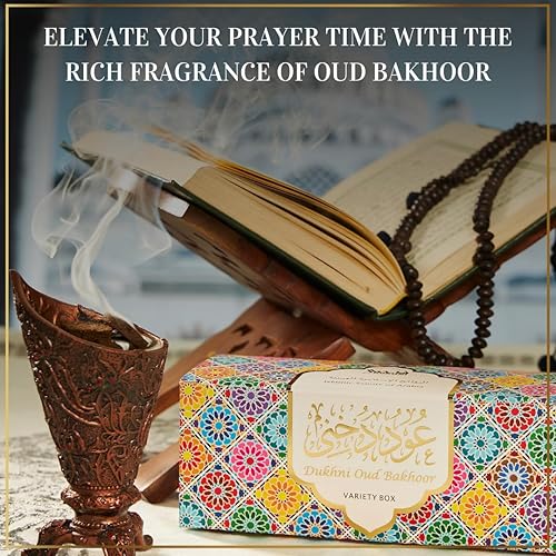 Miniatura 8 de Oud Bakhoor caja variada y juego de aceite Attar de Dukhni | Auténticos aceites de incienso árabe y fragancias | 30 piezas bakhoor y 6 botellas de