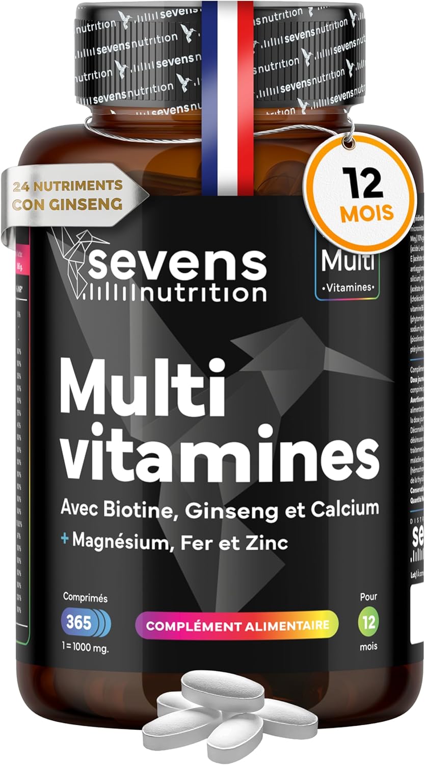 Multivitamins and Minerals – 365 Tablets (1 Year) – 24 Essential Nutrients – Vitamins A B C D E K + Magnesium, Biotin, Zinc & Ginseng – Immunity & Energy – Multivitamins for Men and Women – Sevens