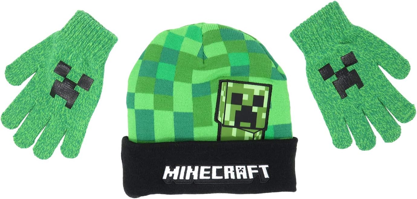 Minecraft Creeper Peep Kids Beanie Hat Cap and Gloves Set