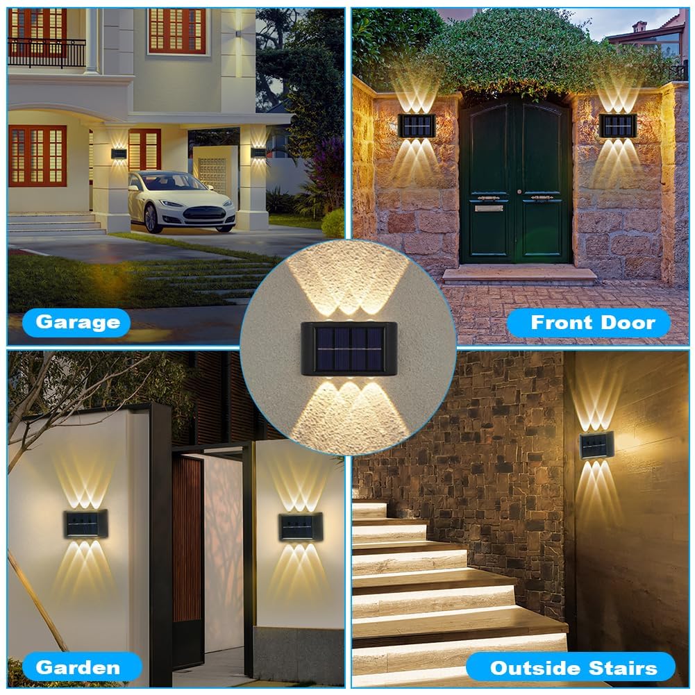 Flintronic 6 sztuk świateł solarnych na ścianę, regulowane lampy LED z 6 ciepłymi światłami, do góry i w dół, oświetlenie LED na zewnątrz, wodoszczelne IP65
