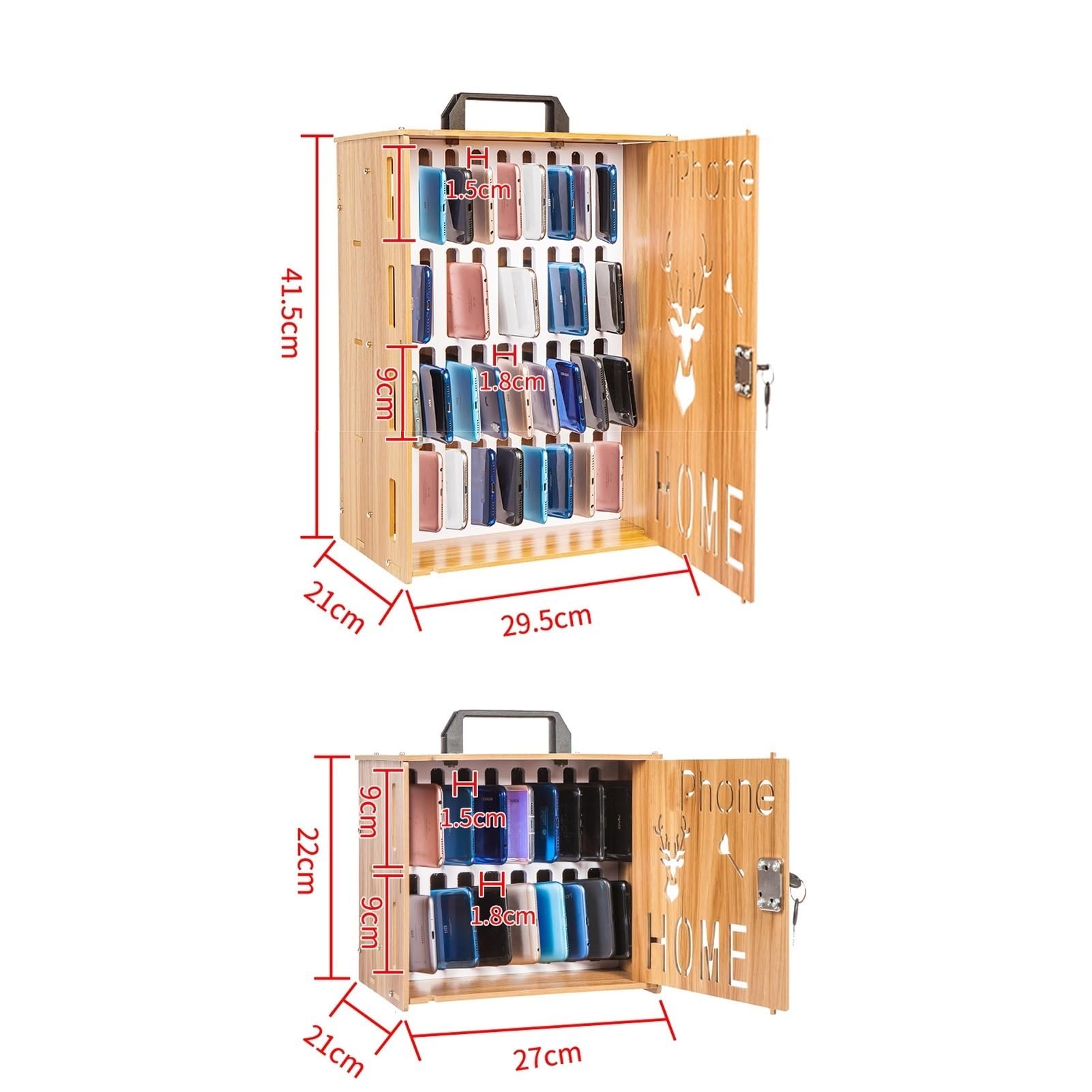 Handy-Schrank, hölzerner abschließbarer Handy-Safe-Organisator, 12/36 Positionen tragbarer Safe mit Tragegriff, für Schule, Firma, Unternehmen(36 Slots)