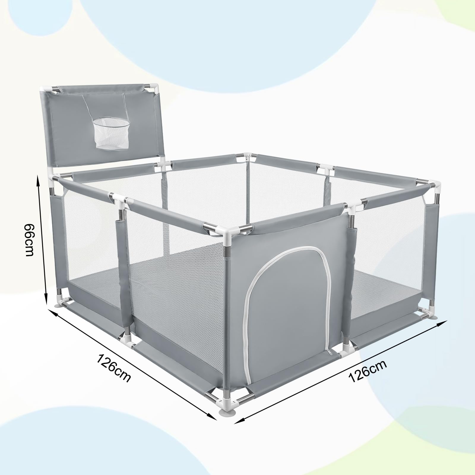 Baby Park, modułowy, duży park dla małych dzieci, aktywność dla dzieci z piłką, modułowa, składana, duży park dla maluchów z zamkiem błyskawicznym - 126 x 126 x 66 cm-ciemnoszary