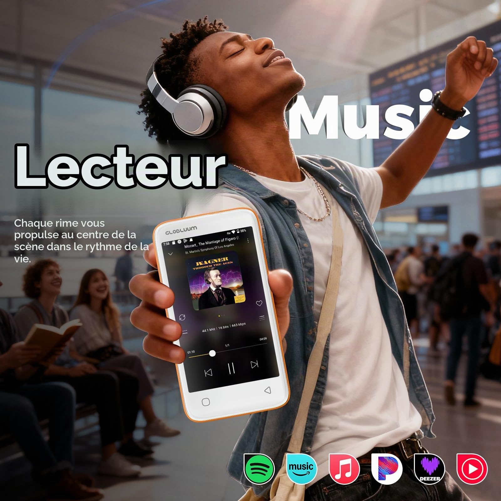 Lecteur MP3 96 Go avec Bluetooth 5.0 et WiFi, Lecteur de Musique Compatible Spotify, Audible, Amazon Music,Lecteur MP4 Android à écran Tactile 4 Pouces avec Son HiFi, Radio FM (Orange Cosmique)