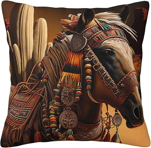 Funda de almohada decorativa cuadrada para sofá o cama, 18 x 18 pulgadas, caballo del suroeste nativo étnico