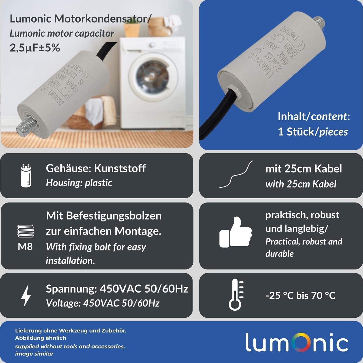 Lumonic Kondensator rozruchowy 2,5µF 450V | z Kabel I 26x55mm I 2,5uF I Kondensator silnikowy z plastikowa obudowa I Kondensator operacyjny I do pomp, kosiarek, narzedzi