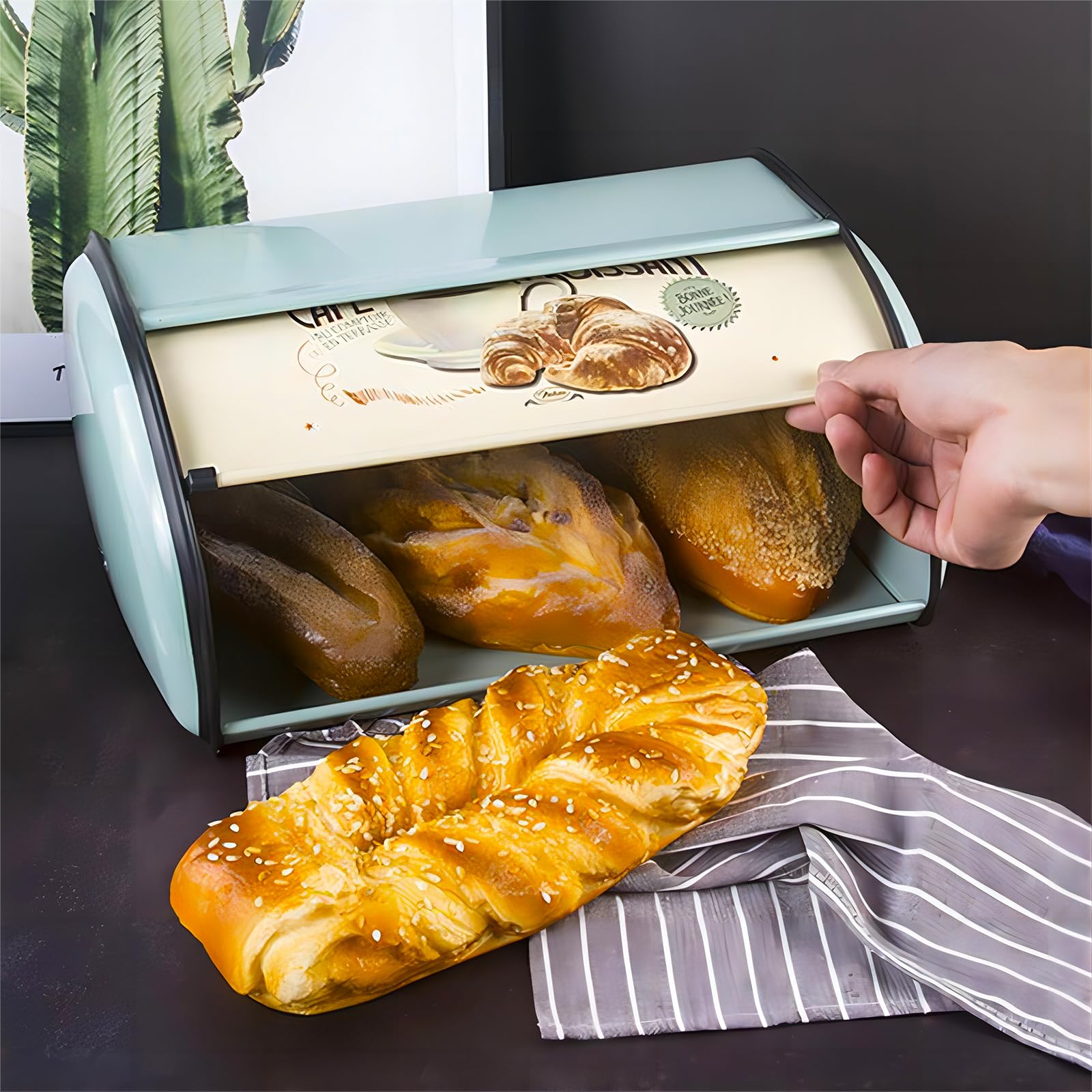 BORDSTRACT Metall Brotkasten, 34,5 x 23 x 14,5 cm Retro Brotbehälter aus Edelstahl für die Küche Rollbrotkasten Brotaufbewahrungsbox mit Deckel Vintage Design von Brot & Keksen und Trocken (Blau)