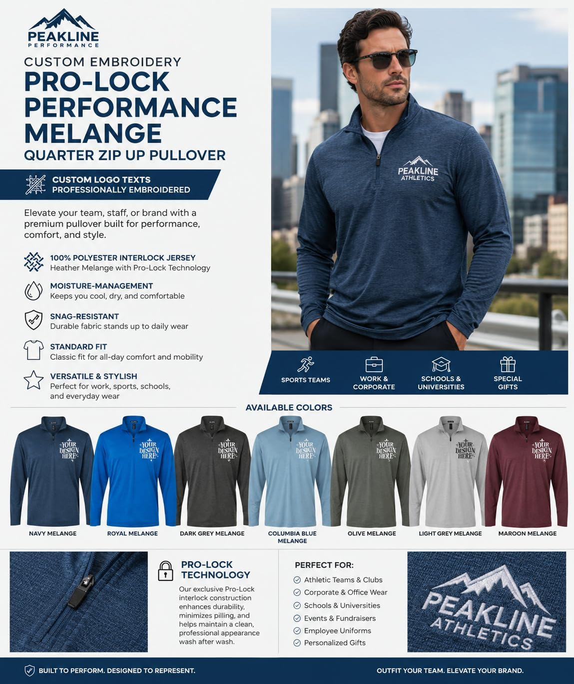 INK STITCH Men 4HM700 Custom Add Embroidery Logo Texts Performance Melange Quarter Zip Pullover