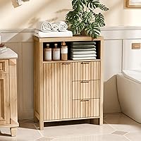 VINGLI Fluted Bathroom Floor Cabinet with Door & 3 Drawers - 12" Deep Modern Freestanding Storage for Small Spaces, Natural Oak