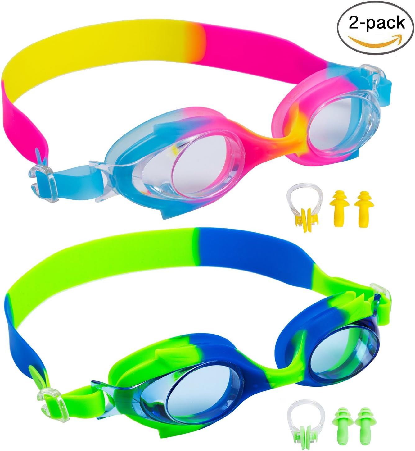 Kids Swim Goggles,Swimming Glasses for Children and Early Teens from 3 to 15 Years Old, Anti-Fog, Waterproof&UV Protection,With Ear Plugs and Nose Clip,2 Pack By Gowave