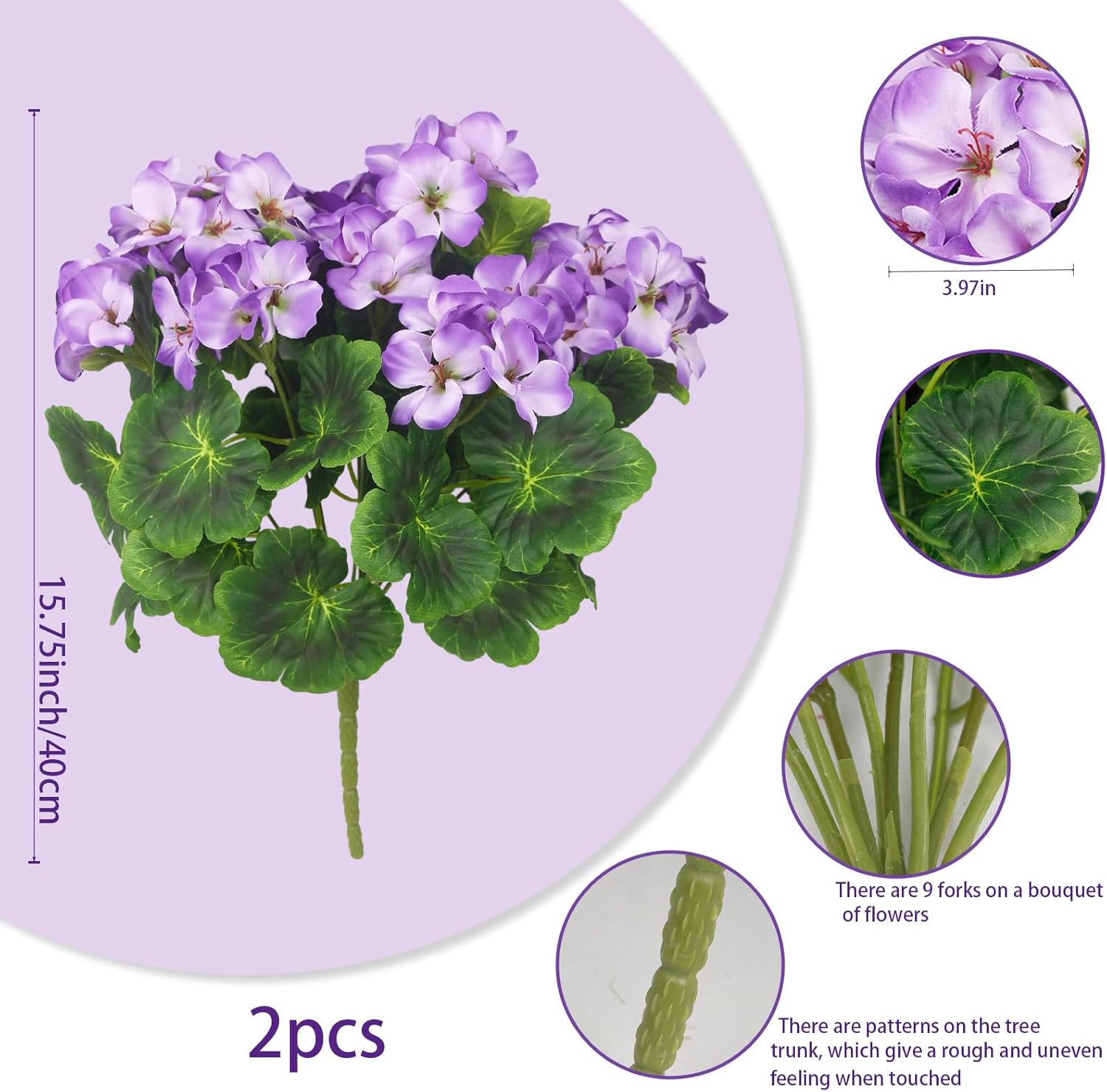 2 Pcs Artificial Geraniums for Outdoors Silk Geranium Flowers Purple Artificial Geranium Bush Faux Flowers for Planter Outside Garden Patio Grave Cemetary Vase Table Centerpiece Indoor Decor - Image 2