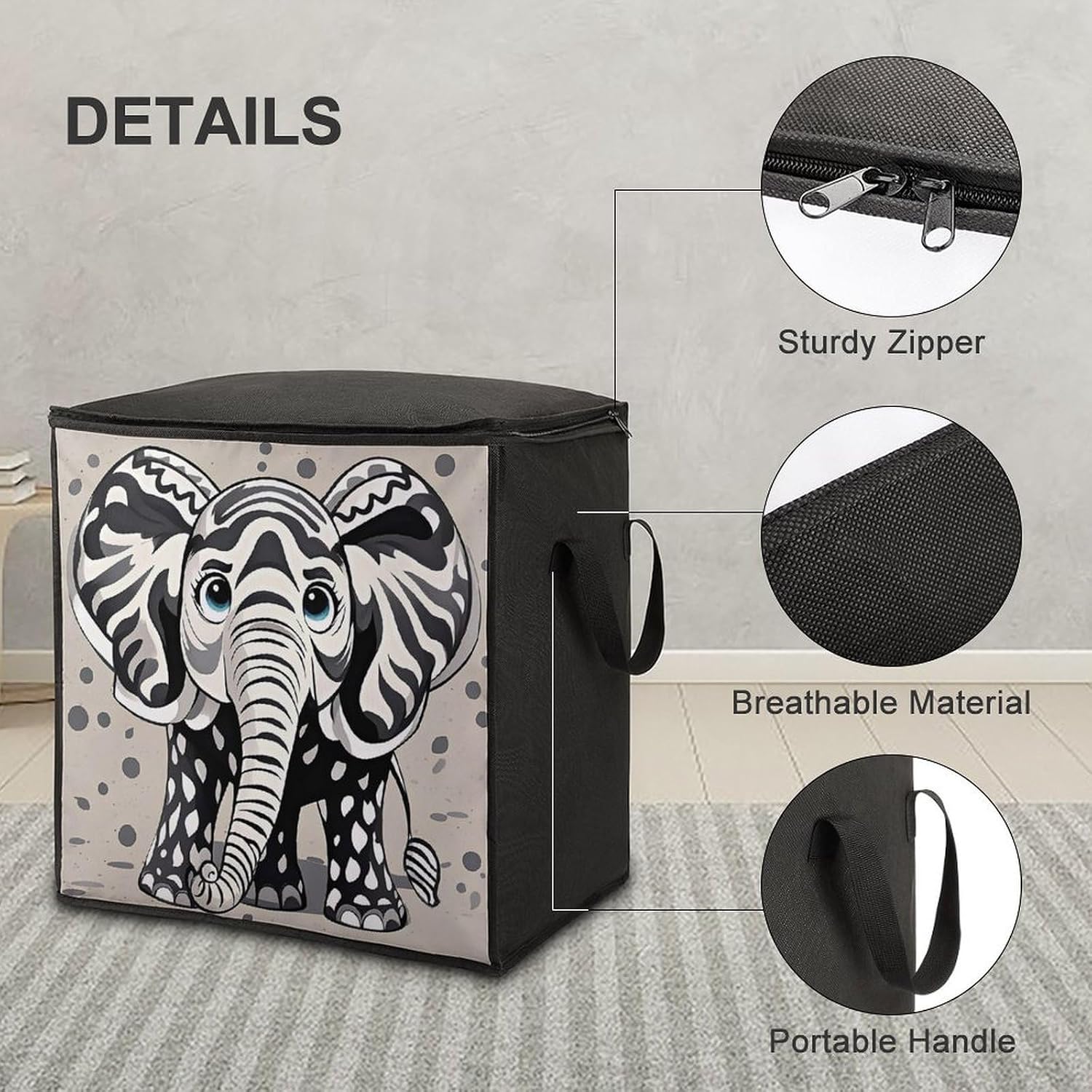 Black And White Elephant Storage Bag with Zippers And Handle Extra Large Bedding Comforter Storage Bag Foldable Blanket Storage Bags Fabric Moving Bags for Closet Organizer (70L)